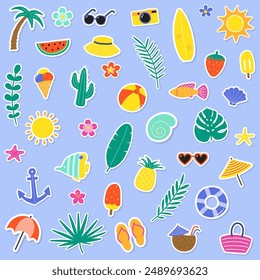 Set with colourful summer stickers. Holiday concept with icons. Vector illustration