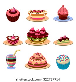 Set of colourful and tasty dessert icons. Vector illustration collection.