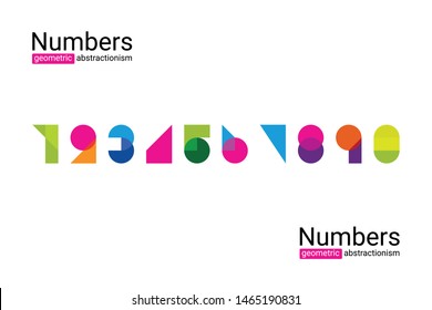 Set of colourful ten numbers form zero to nine, number flat design, geometric abstractionism, suprematism.