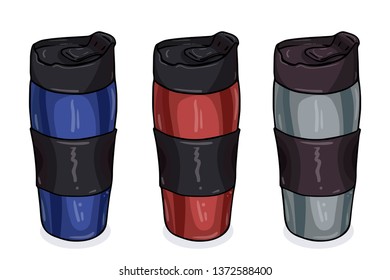 Set colourful thermo cups on white background