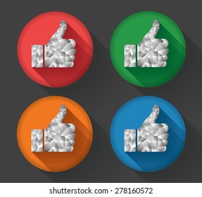 A set of colourful thumbs up vector icon set in low poly design with long shadow