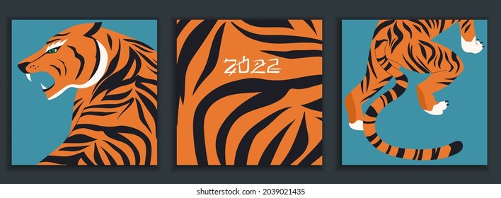 Set of colourful tigers in abstract style. Modern greeting card, poster. Hunting tigers in Asian style. Chinese 2022 year sign. Year of the Tiger 2022 Japanese new year card. Vector Illustration print