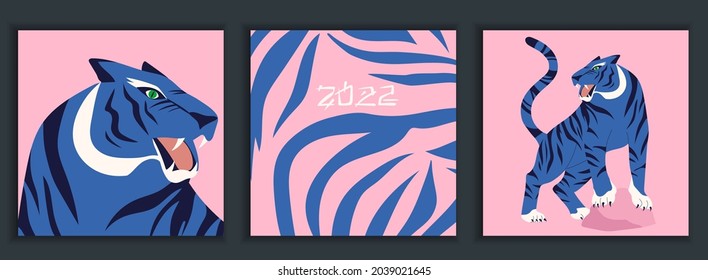 Set of colourful tigers in abstract style. Modern greeting card, poster. Hunting tigers in Asian style. Chinese 2022 year sign. Year of the Tiger 2022 Japanese new year card. Vector Illustration print