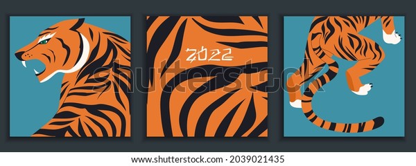 Set of colourful tigers in abstract style. Modern\
greeting card, poster. Hunting tigers in Asian style. Chinese 2022\
year sign. Year of the Tiger 2022 Japanese new year card. Vector\
Illustration print