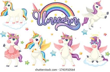 Set of colourful unicorn character illustration