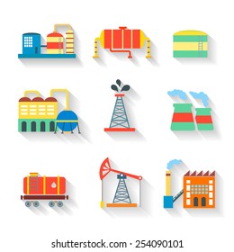 Set of colourful vector industrial factory buildings and refineries on white backgrounds with long shadows and chimneys emitting smoke pollution
