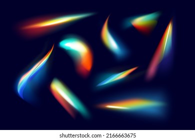 A Set Of Colourful Vector Lens, Crystal Rainbow  Light  And  Flare Transparent Effects.Overlay For Backgrounds.Triangular Prism Concept.