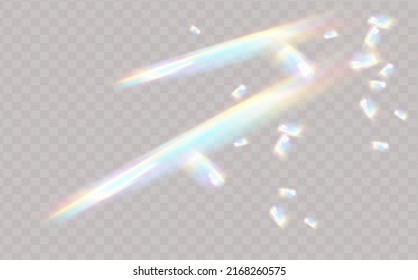 A set of colourful vector lens, crystal rainbow light and flare transparent effects.Overlay for backgrounds.Triangular prism concept.