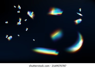 A Set Of Colourful Vector Lens, Crystal Rainbow  Light  And  Flare Transparent Effects.Overlay For Backgrounds.Triangular Prism Concept.