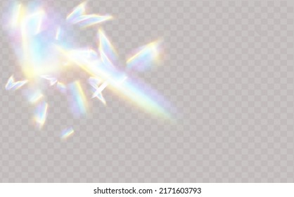 A Set Of Colourful Vector Lens, Crystal Rainbow  Light  And  Flare Transparent Effects.Overlay For Backgrounds.Triangular Prism Concept.