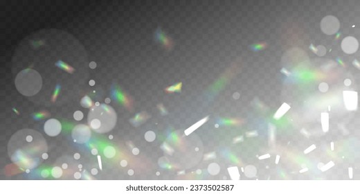 Eine Reihe von bunten Vektorlinsen, kristallklarem Regenbogenlicht und flare transparente Effekte.Overlay für Hintergründe.Dreiecksprismenkonzept.