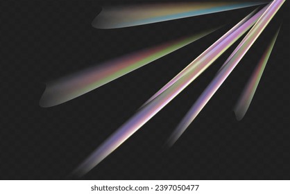 Un conjunto de lentes vectoriales coloridas, luz arco iris de cristal y efectos transparentes de la bengala.Superposición para fondos.Concepto de prisma triangular.