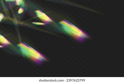 Un conjunto de lentes vectoriales coloridas, luz arco iris de cristal y efectos transparentes de la bengala.Superposición para fondos.Concepto de prisma triangular.