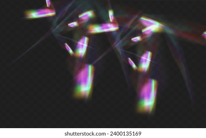 A set of colourful vector lens, crystal rainbow  light  and  flare transparent effects.Overlay for backgrounds.Triangular prism concept.