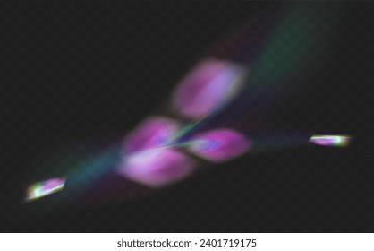 Un conjunto de lentes vectoriales coloridas, luz arco iris de cristal y efectos transparentes de la bengala.Superposición para fondos.Concepto de prisma triangular.