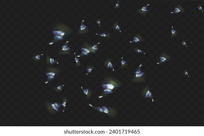 Un conjunto de lentes vectoriales coloridas, luz arco iris de cristal y efectos transparentes de la bengala.Superposición para fondos.Concepto de prisma triangular.