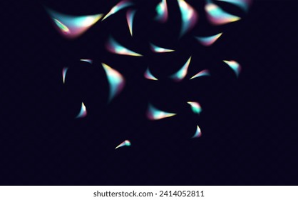 Un conjunto de lentes vectoriales coloridas, luz arco iris de cristal y efectos transparentes de la bengala.Superposición para fondos.Concepto de prisma triangular.