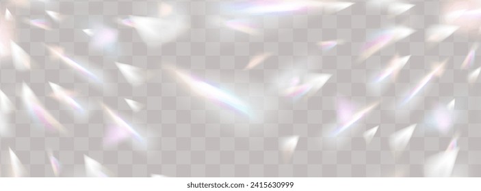 A set of colourful vector lens, crystal rainbow light and flare transparent effects.Overlay for backgrounds.Triangular prism concept.