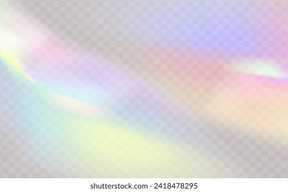 A set of colourful vector lens, crystal rainbow  light  and  flare transparent effects.Overlay for backgrounds.Triangular prism concept.