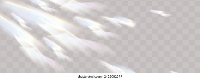 Conjunto de lentes vectoriales coloridas, luz de arco iris de cristal y efectos transparentes de destello.Superposición para fondos.Concepto de prisma triangular.