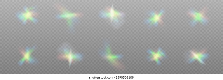 A set of colourful vector lens, crystal rainbow light and flare transparent effects.Overlay for backgrounds.Triangular prism concept.