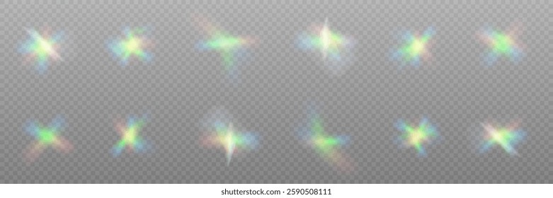 A set of colourful vector lens, crystal rainbow light and flare transparent effects.Overlay for backgrounds.Triangular prism concept.