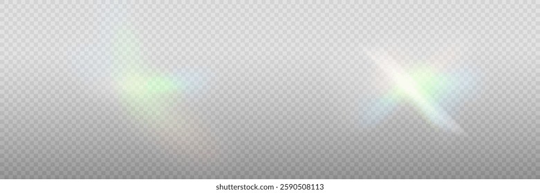 A set of colourful vector lens, crystal rainbow light and flare transparent effects.Overlay for backgrounds.Triangular prism concept.