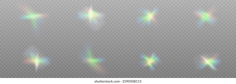 A set of colourful vector lens, crystal rainbow light and flare transparent effects.Overlay for backgrounds.Triangular prism concept.