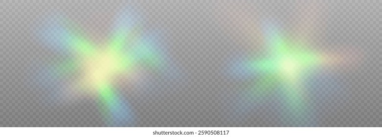 A set of colourful vector lens, crystal rainbow light and flare transparent effects.Overlay for backgrounds.Triangular prism concept.