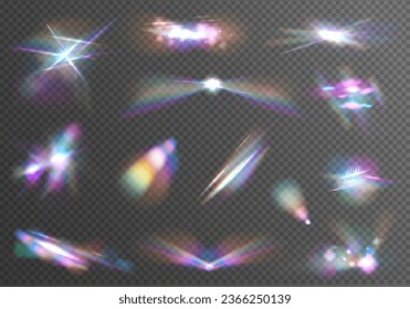 Eine Reihe von bunten Vektorlinsen und Lichtflare transparenten Effekten. Transparentes Lichtrefraktionsmuster zum Hinzufügen von Effekten zu Hintergründen und Objekten. Vektorgrafik.	