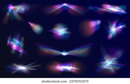 Un conjunto de lentes vectoriales coloridas y efectos transparentes de la luz. Patrón de refracción de luz transparente para agregar efectos a fondos y objetos. Ilustración vectorial.	