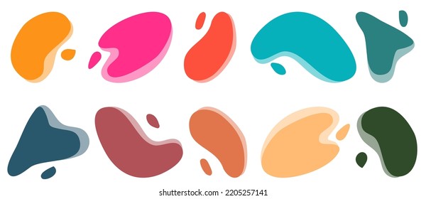 Set of colourful vector liquid splash shape backgrounds for WEB and APP design. Isolated vector elements. Rounded, digital water shapes. Landing page design items.