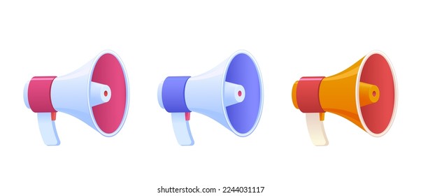 Set of colourful vector realistic loudspeakers. Megaphone icons isolated on white. Cartoon 3d illustration for banner, site, print, banner.