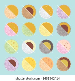 Conjunto de colorido vetor nevado ou gelo pele mooncake com diferente preenchimento de ingrediente e sabor. Mooncake coleção vista superior plana. Comida do festival de outono. 