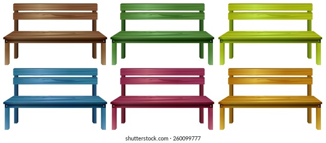 Set of colourful wooden benches on a white background