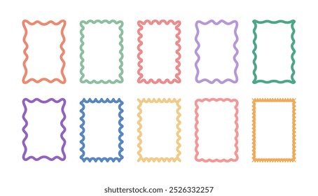 Set of colourfull retro frames with  featuring curvy, squiggly, wavy designs. Scalloped edges with a wavy pattern. Adorable curved frames with retro-style wavy edges.