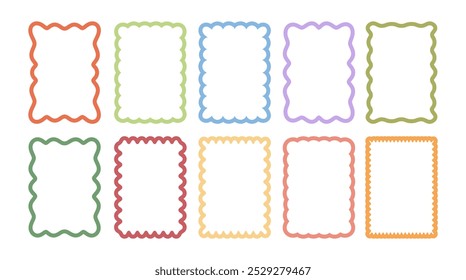 Set of colourfull retro frames with  featuring curvy, squiggly, wavy designs. Scalloped edges with a wavy pattern. Adorable curved frames with retro-style wavy edges.