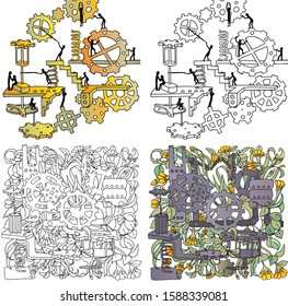Set of colourings. Creative pattern made of steel and metallic gears on white background with flowers and leaves and little men. Creative steampunk mechanical backdrop. Vector illustration.