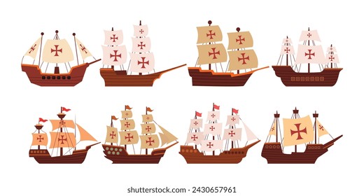 Set of Columbus boat set collection, for Happy Columbus Day Greeting card with sailing ship and waves, Ocean Voyage: Exploring the Maritime Industry on a Nautical Vessel, a maritime journey cartoon.