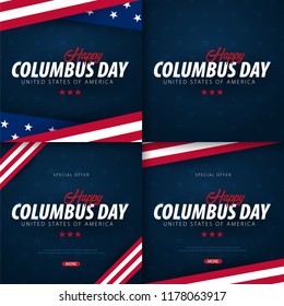 Set of Columbus Day sale promotion, advertising, poster, banner, template with American flag. Columbus day wallpaper. Voucher discount