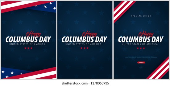 Set of Columbus Day sale promotion, advertising, poster, banner, template with American flag. Columbus day wallpaper. Voucher discount