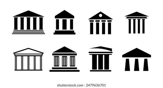 Set of column building government or bank flat icon silhouette vector