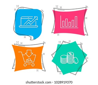 Set of Column chart, Sales diagram and Shopping icons. Banking money sign. Financial graph, Sale growth chart, Add to cart. Cash finance.  Flat geometric colored tags. Vivid banners. Vector