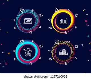 Set of Column chart, Sales diagram and Shopping icons. Banking money sign. Financial graph, Sale growth chart, Add to cart. Cash finance.  Circle banners with line icons. Gradient colors shapes