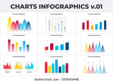 Establecer con gráficos de columnas plantillas de diseño infográfico. Ilustración vectorial plana moderna para presentación. Informe anual.