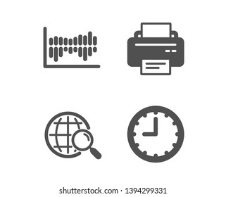 Set of Column diagram, Printer and Web search icons. Time sign. Sale statistics, Printing device, Find internet. Office clock.  Classic design column diagram icon. Flat design. Vector