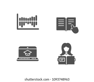 Set of Column diagram, Read instruction and Website education icons. Woman read sign. Sale statistics, Opened book, Video learning. Girl studying.  Quality design elements. Classic style. Vector