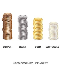 Set of columns of coins of different metals. Bars of copper, silver and gold dollars. Vector illustration.