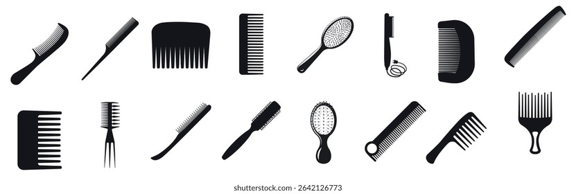 set comb brush isolated vector silhouettes
