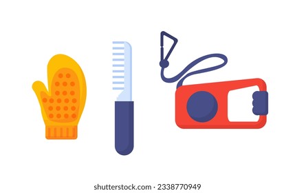 Set of comb for dogs concept. Beauty equipment for pets and domestic animals. Gloves and leash. Sticker for social networks and messengers. Cartoon flat vector collection isolated on white background